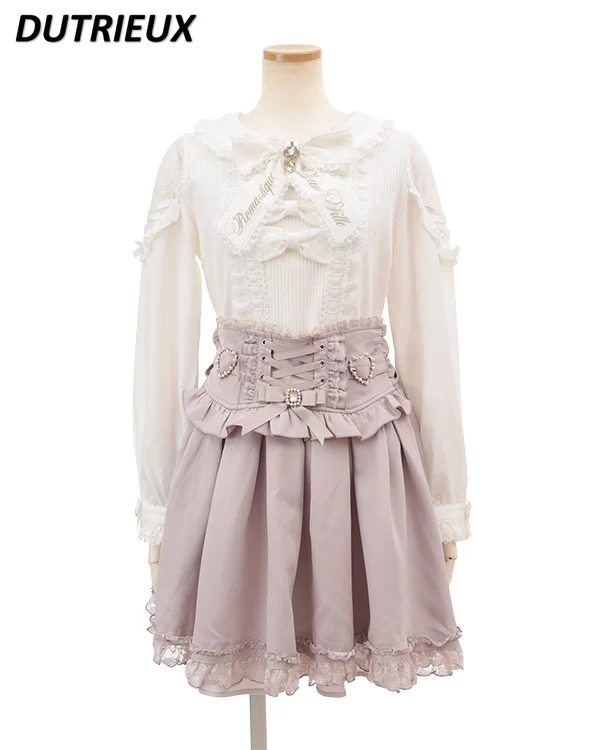 Japanese Mine Mass-Produced Knitwear Shirt Embroidered Bow Color Matching Top Suspender Skirt Sweet Cute Short Pleated Skirt Set