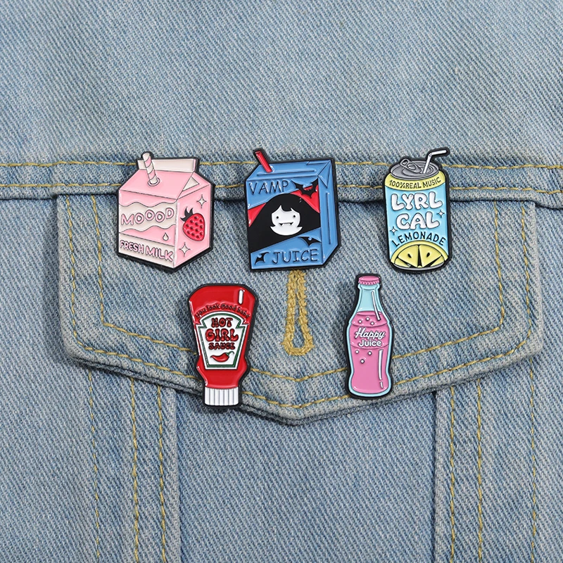 5 Styles Container Enamel Pins Happy Juice Bottle Milk Box Lapel Pins Zip-top Can Creative Metal Brooches Decorative Jewelry Pin