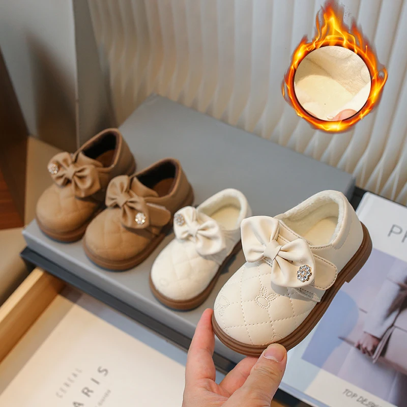 

Girls Princess Leather Shoes Children's Flats Winter Fashion Toddler Kids Causal Bowtie Mary Jane with Plus Cotton Warm Boots