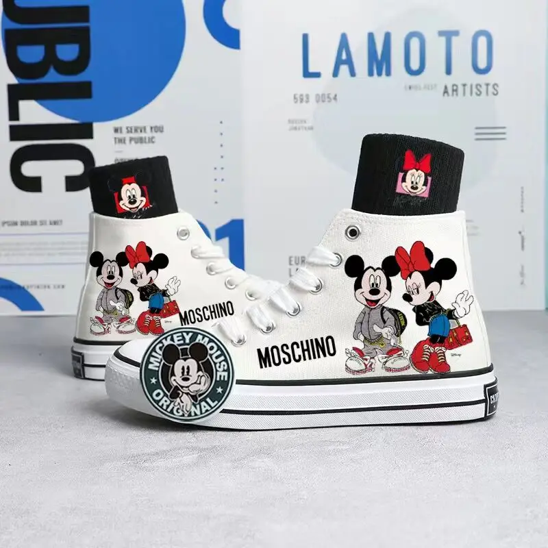 2024 Lente/Zomer Nieuwe Disney Mickey Gedrukt Canvas Schoenen voor Jongens Meisjes Handgeschilderde Sneakers Koreaanse Hoge Schoenen voor Vrouwen