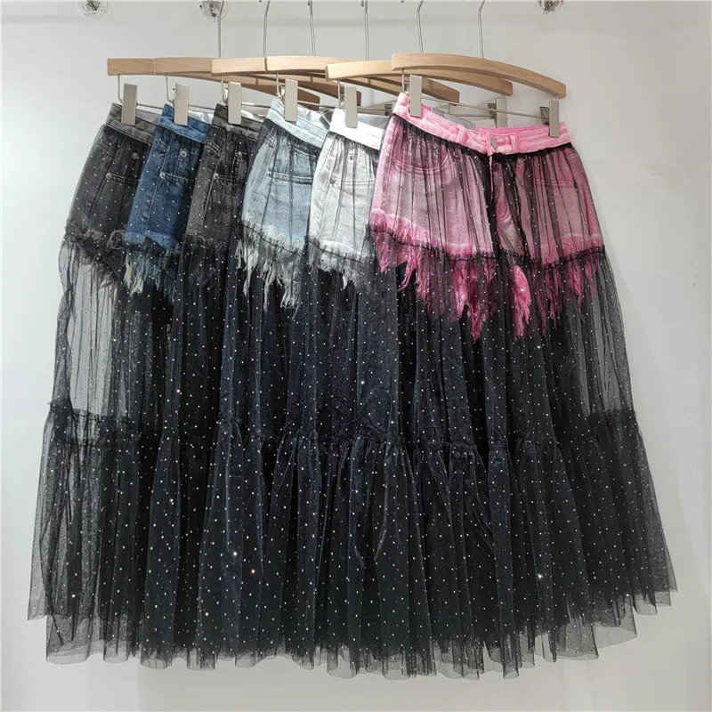 

Fake Two-Piece Frayed Denim Shorts with Full Rhinestone, Over-the-Knee Mesh patchwork Mid-Length Cake Skirt for Women