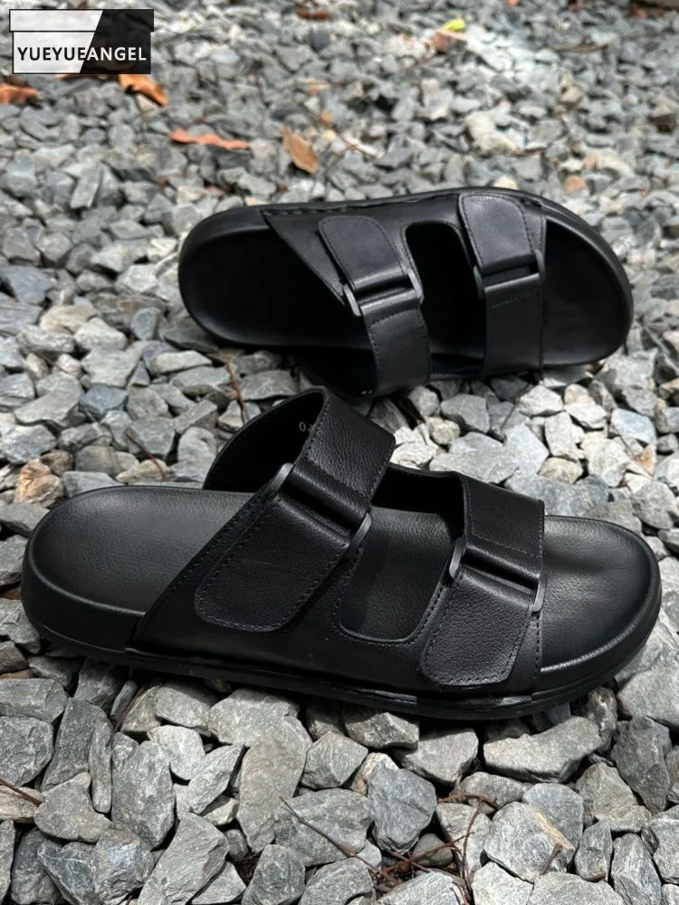 

Korean Style Men Summer New Hook Loop Genuine leather Slippers Flats Beach Slides Casual Shoes Open Toe Breathable Male Slippers