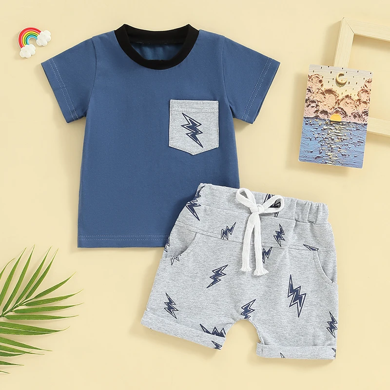 Toddler Infant Baby Boys Summer Outfits Short Sleeve Front Pocket Tops + Elastic Waist Folded Hem Shorts 2Pcs Clothes Set