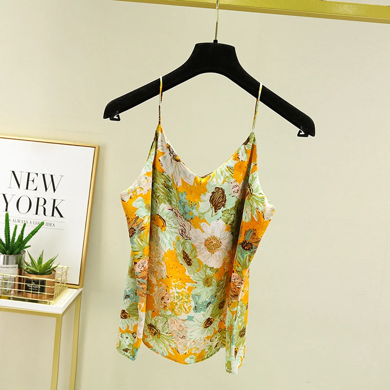 2022 New Floral Print Halter Vest Female High Quality Satin Soft Sexy Tank Top Camisole Feminine