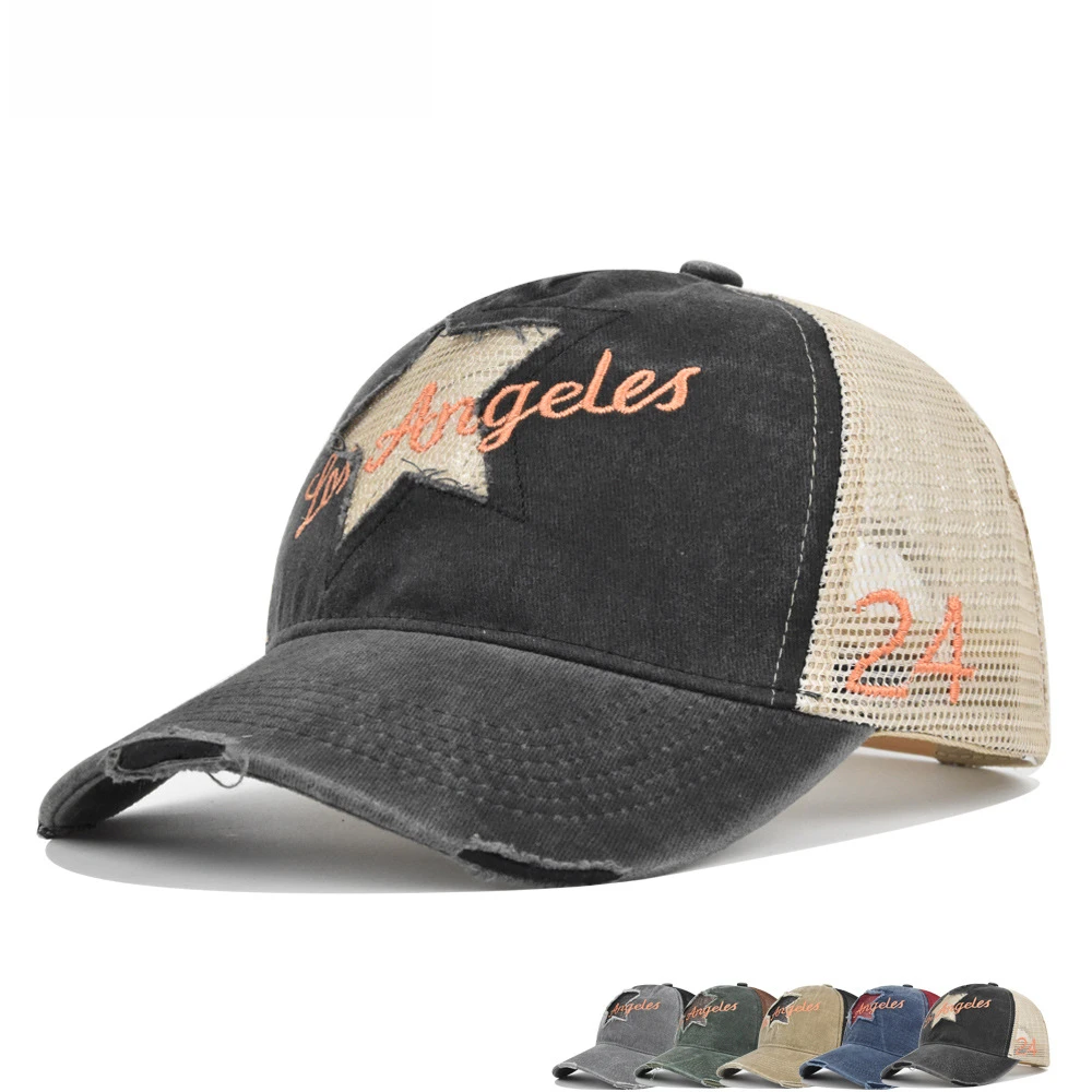 Vintage Washed Cotton Trucker Hat for Men Women Distressed Mesh Baseball Cap Los Angeles Letter Embroidery Hip Hop Sun Hat Gorra