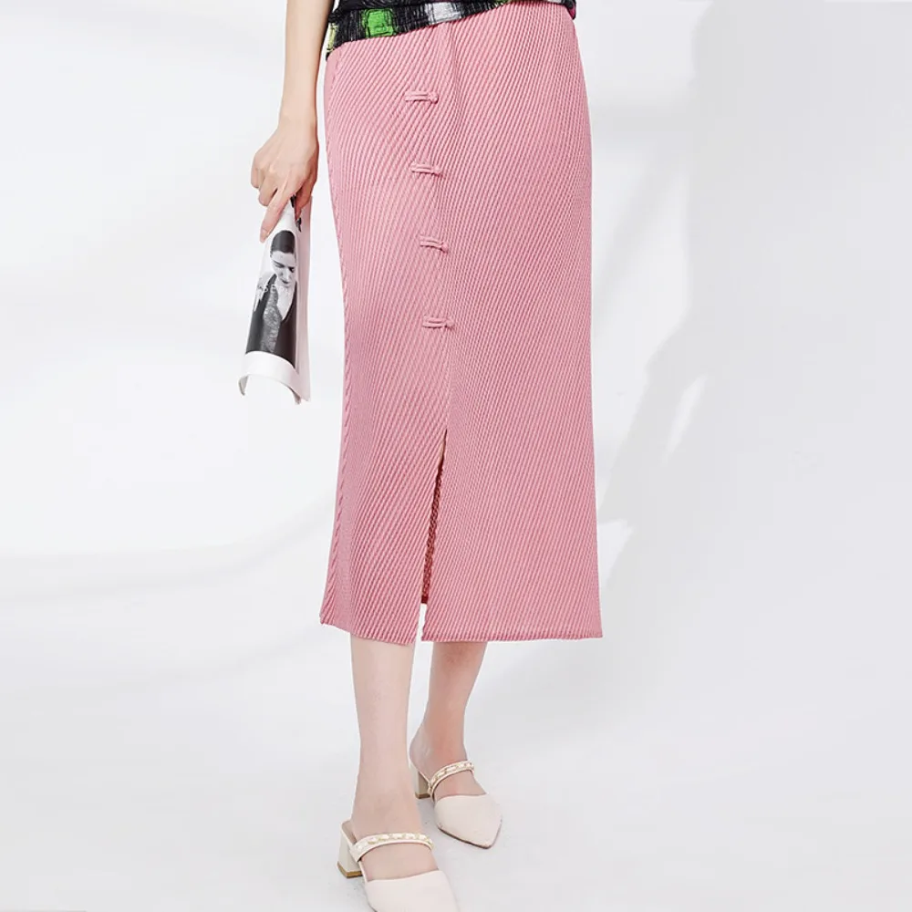 

Pleats 2024 Summer New Solid Color Skirt Women Casual Versatile Temperament Pleated Package Hip Open Fork Medium-length Skirt