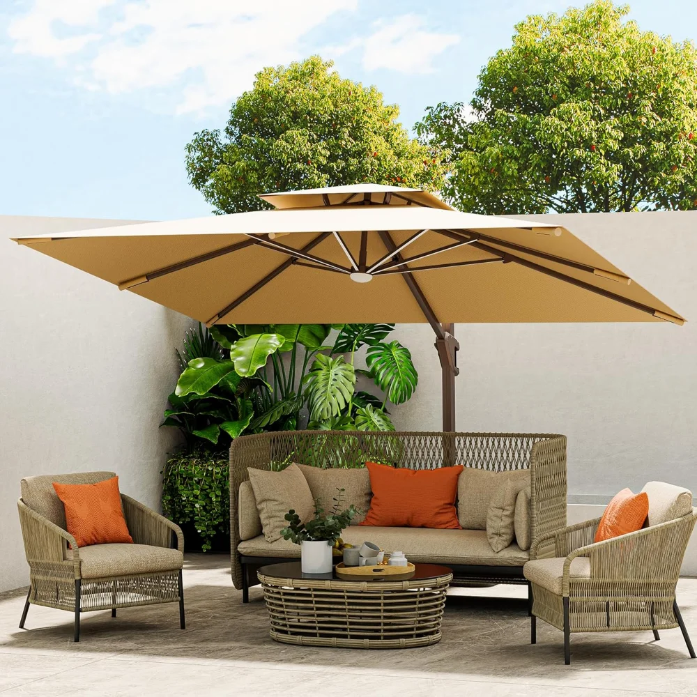 

10 X 13 FT Cantilever Outdoor Patio Umbrella with Led Lights Large Heavy Duty 360° Rotation Double