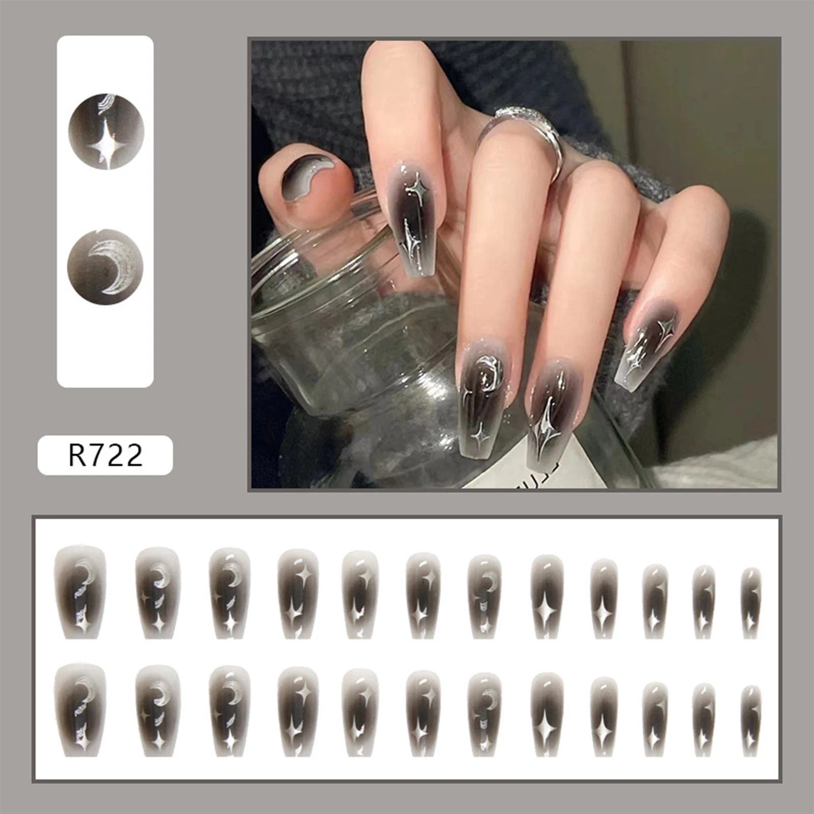 24 stücke y2k Stern drücken auf Nägel Farbverlauf schwarz mittellanger Sarg falsche Nagels pitzen volle Abdeckung Mond Designs gefälschten Nagel für coole Mädchen