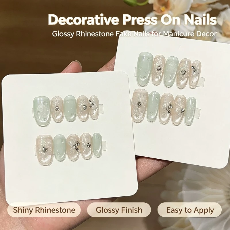 Decor DIY Press on Nails Mint Transparent Silver Cat Eye Dew Butterfly Rhinestone Handmade False Nail Art Decoration