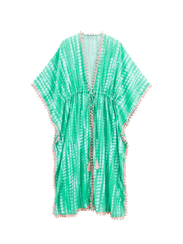 2023 Causal Light Green Tie dye Tunic Loose Bikini Cover-ups Summer Beachwear Half Sleeve Swim Suit Cover Up A2429