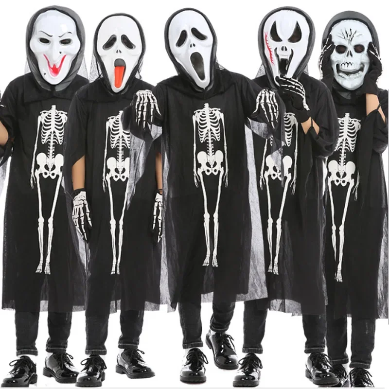 Costumes de cosplay de vampire d'Halloween pour hommes et femmes, robes de fantômes, modules de crâne, olympiques de batterie, masque effrayant, gants, manteau de fête de carnaval