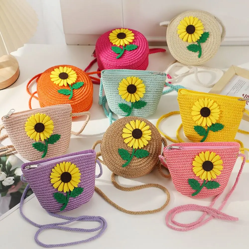 Petit sac à main en paille pour filles, sac à bandoulière à fleurs, porte-monnaie pour enfants, nouveau