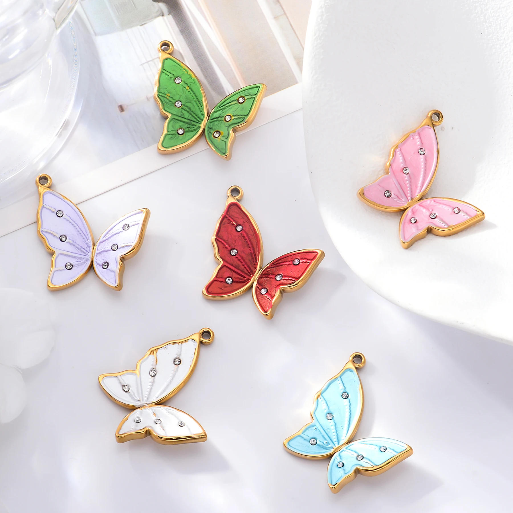 2 قطعة المينا الفولاذ المقاوم للصدأ قلادة على شكل فراشة ملونة DIY بها بنفسك صنع قلادة مفتاح سلسلة مجوهرات اكسسوارات الحيوان #2