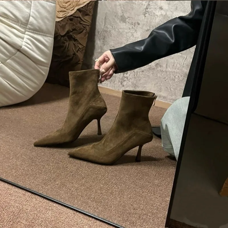 

НОВЫЕ осенне-зимние дизайнерские винтажные ботильоны с острым носком, женская обувь на тонком высоком каблуке, современные короткие Botas Zapatos Mujer