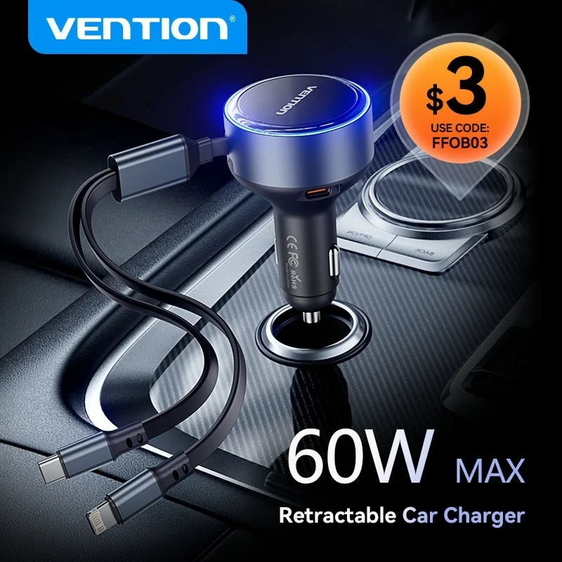 

Vention 2-in-1 Retractable Car Charger 60W Max PD Fast Charging Quick Charging With Cable For iPhone Samsung Xiaomi Car Charger