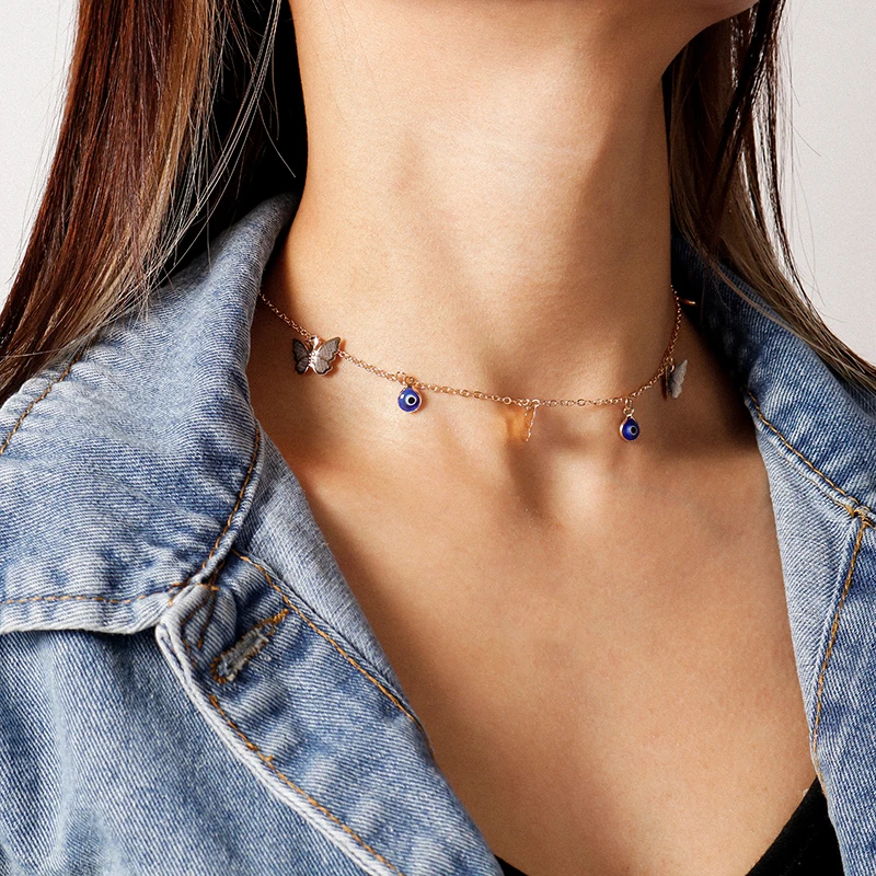 Aihua Niedliche kleine türkische Glücksauge-Schmetterlings-Halskette für Frauen, Statement-Halskette, Halsketten, Chocker, Damenschmuck – Detail 17