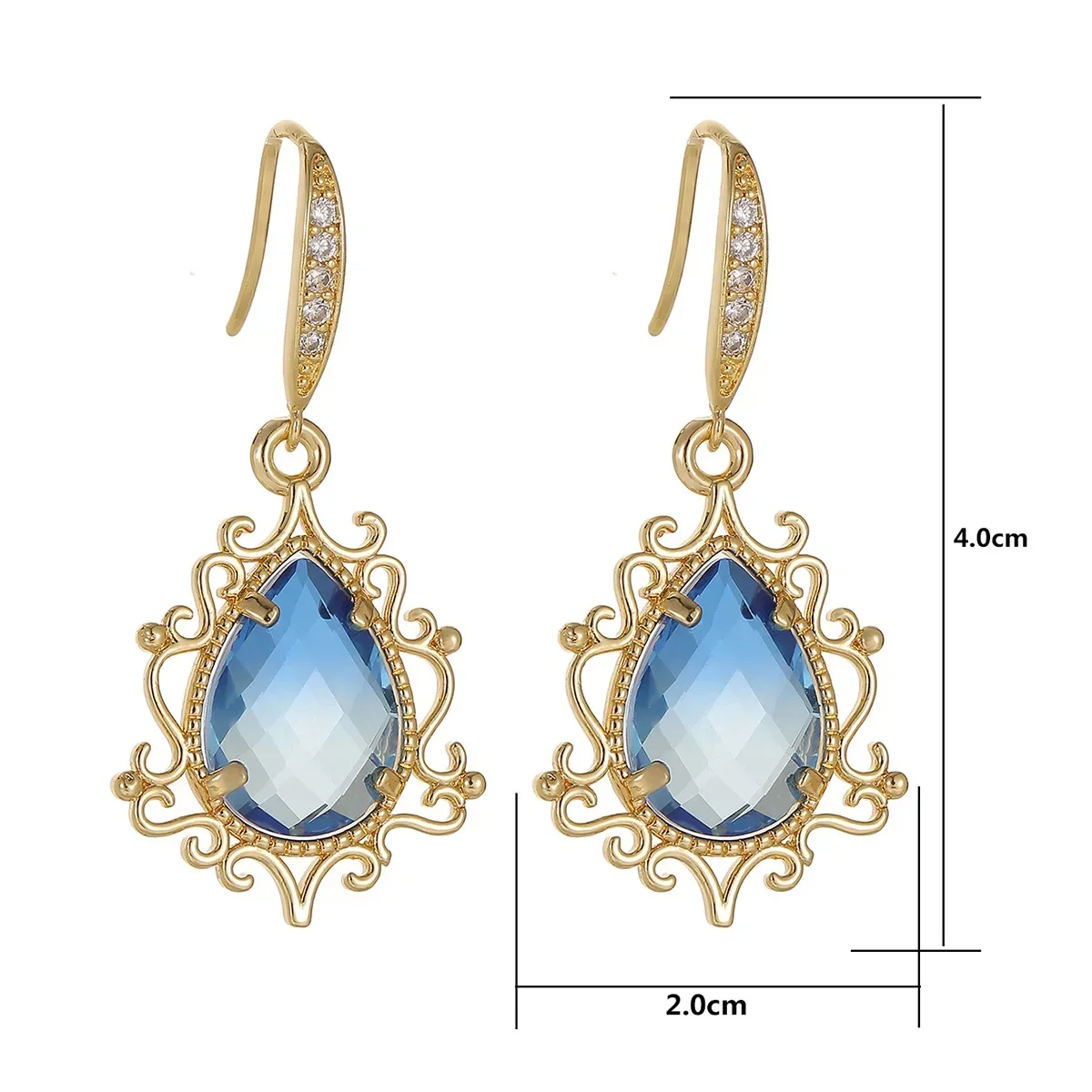 Retro Gradient Color Zircon Blue Crystal Drop Earring Zircon Gold Color Earrings for Women Exquisite Romantic Jewelry