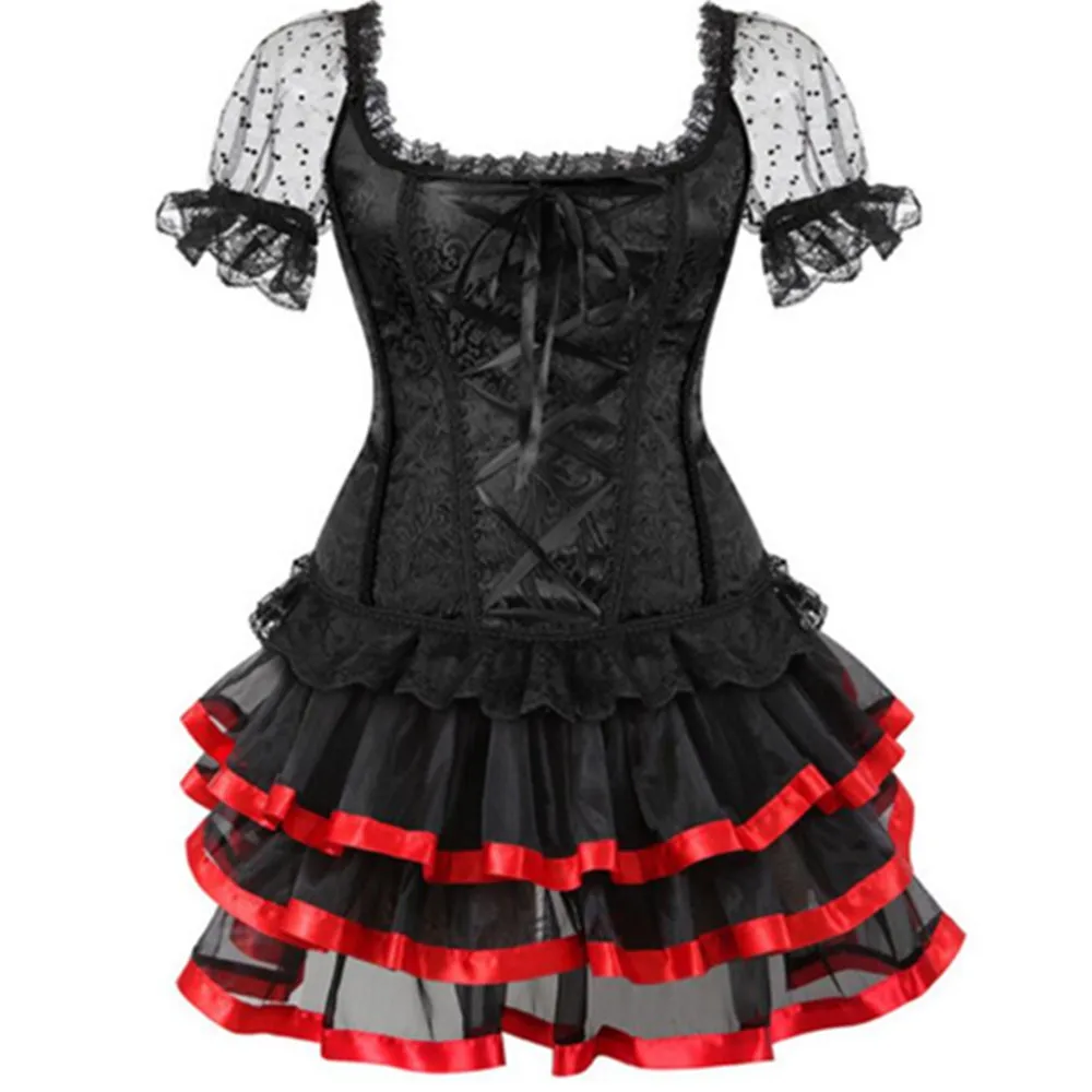 

Винтажный сексуальный корсет Overbust с юбкой с открытыми плечами и рукавами больших размеров, бурлескные костюмы, бюстье и корсеты с цветочным принтом на шнуровке, платье