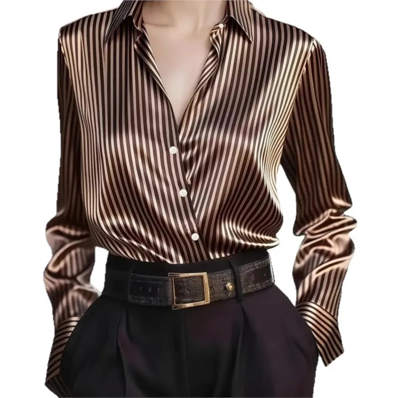 2023 Zomer Dames Satijn Casual Shirt Gestreept Borduren Lente Herfst Nieuwe Stijl Veelzijdige Comfortabele Dames Button Up Top