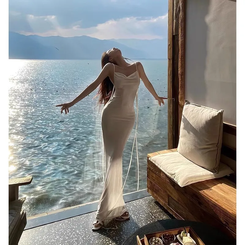 White Spaghetti Strap Dress Backless Desire Style New Year New Style Elegant Goddess Style