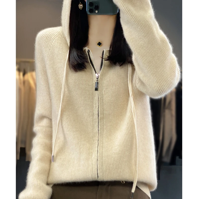 Autumn/Winter New 100% Merino Wool Clothing Women\'s Hooded Zipper Cardigan Casual Loose Knitted Underspool Jacket Korean Tops