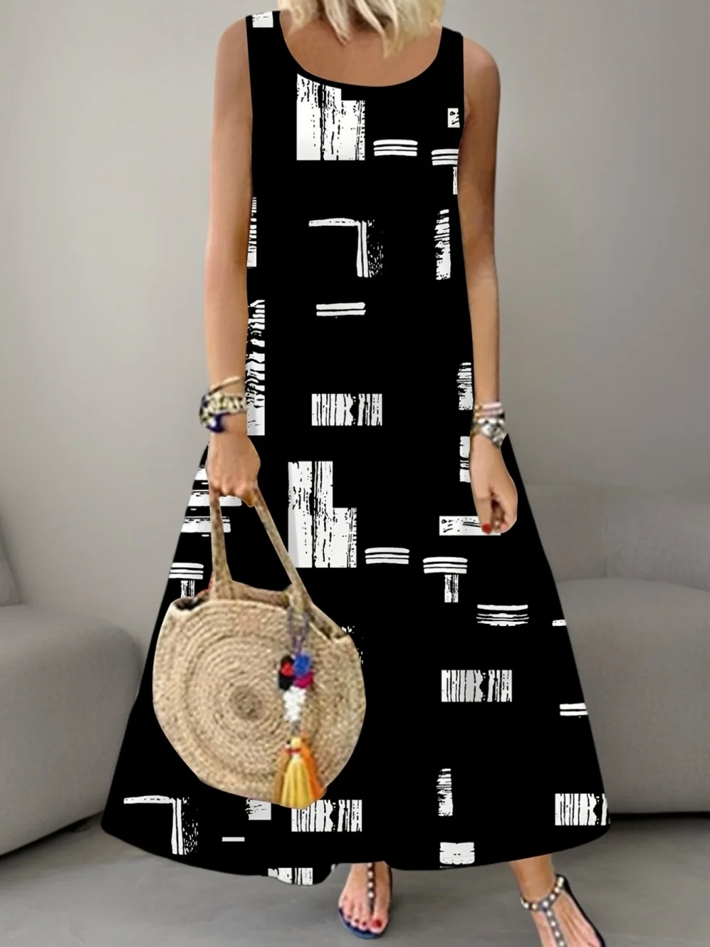 

Elegant Sleeveless Dress Comfortable Round Neck Outdoor Street Fashion Women's Summer Dress Simple Grid Printing Woman Clothes