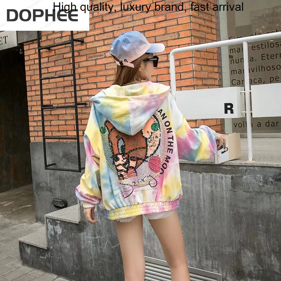 

2023 New Trendy Spring Autumn Zip Long Sleeve Cardigans Coat Tie-dye Back Cartoon Diamond Mid-long Hooded Sweatshirt Tops