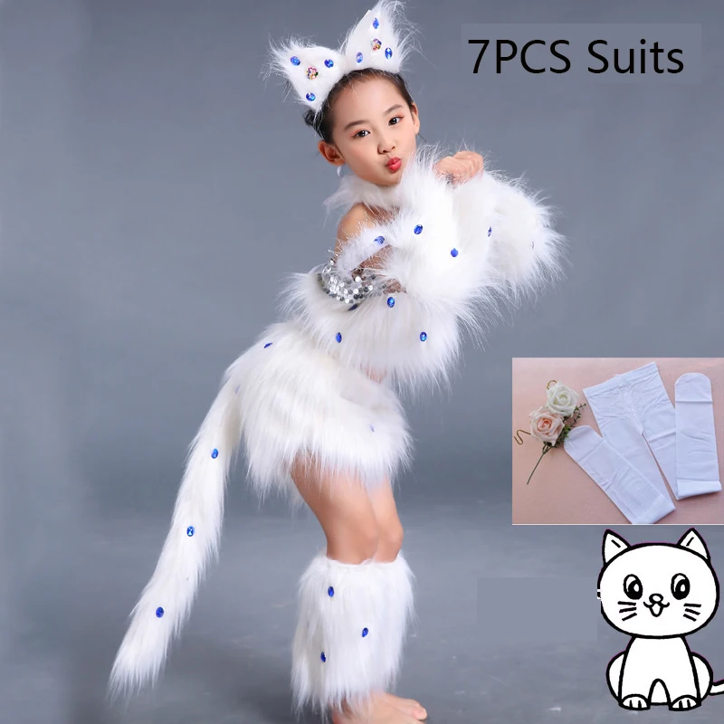 Animal Kitten Cosplay Costumes for Girls White Persian Cat Stage Performance Clothing Children's Cute 7PCS Outfits Full Sets