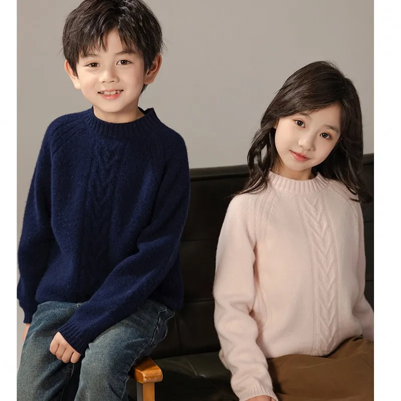 Autumn and Winter New Wool Thickened Sweater Boys and Girls Medium and Big Children Half Turtleneck Pullover Long