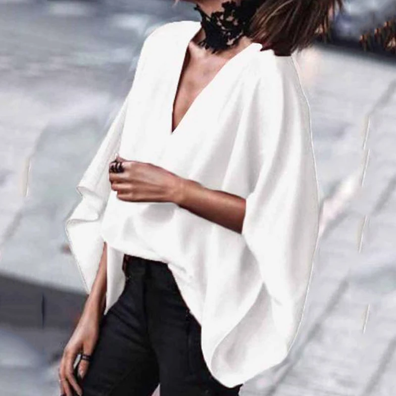 Women Fashion Casual Solid Color Deep V-Neck Blouses 2024 New Spring Summer Batwing Sleeves Loose Shirts Tops