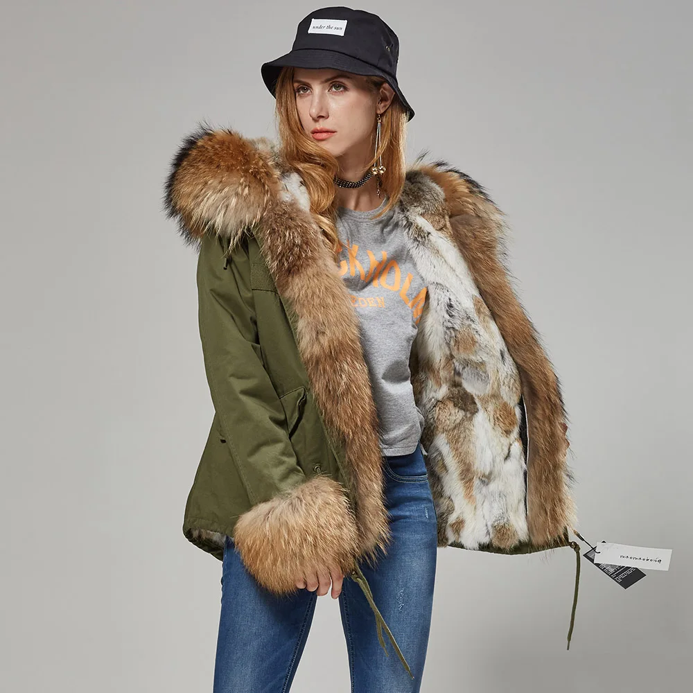 Maomaokong 2023 New Women Winter Fur Coat Rabbit Lining Jacket Natural Real Raccoon Collar Parka Fox Fur Short Female Clothing