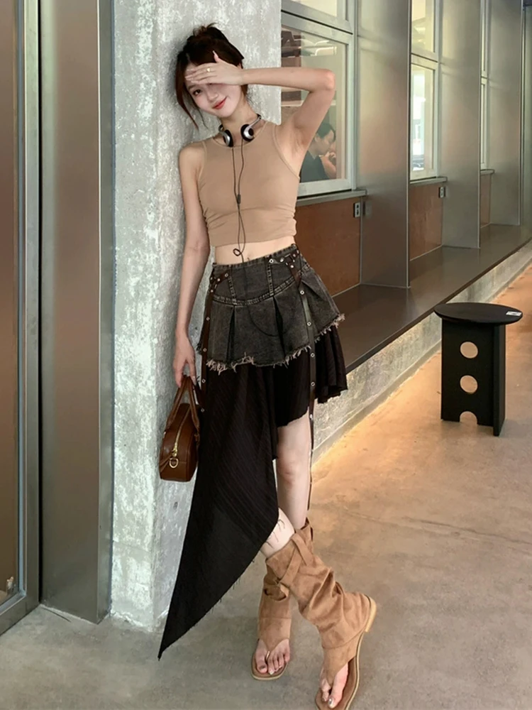RORORIRI レトロスプライシング不規則なデニムミニスカート女性ハイウエストベルト生エッジプリーツ非対称スカートゴシックパンクストリート