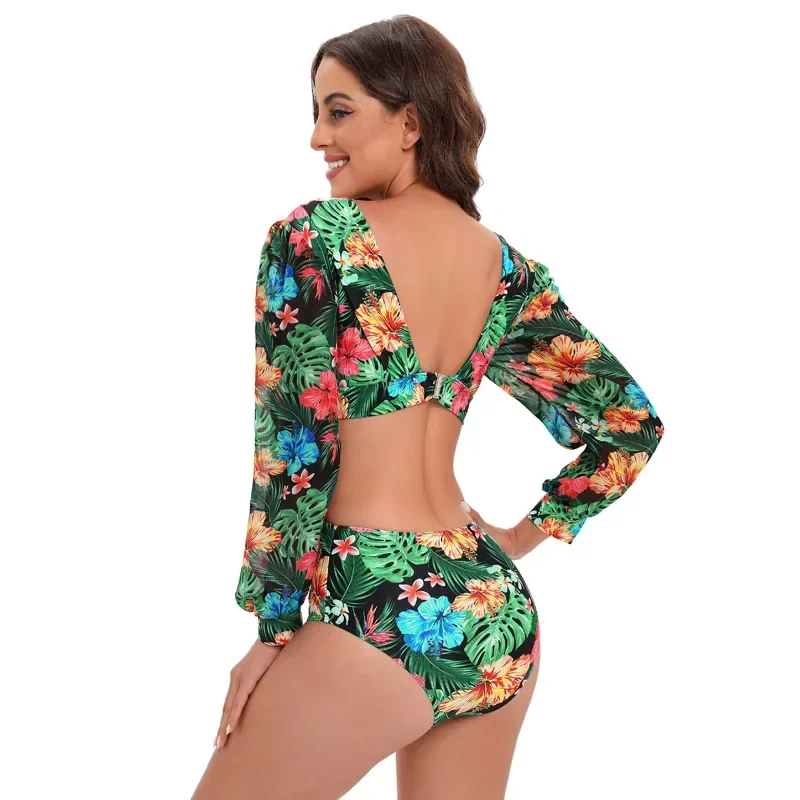 Bañador de una pieza para mujer, traje de baño de manga larga con estampado de vendaje, Monokini Sexy negro, ropa de playa sin espalda con cordón, 2024