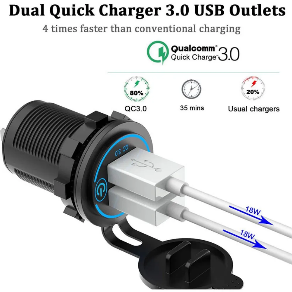 QC 3.0 Car Charger Dual USB Quick Charge Socket Waterproof 12V/24V Led USB Fast Charger Socket Power Outlet with Touch Switch