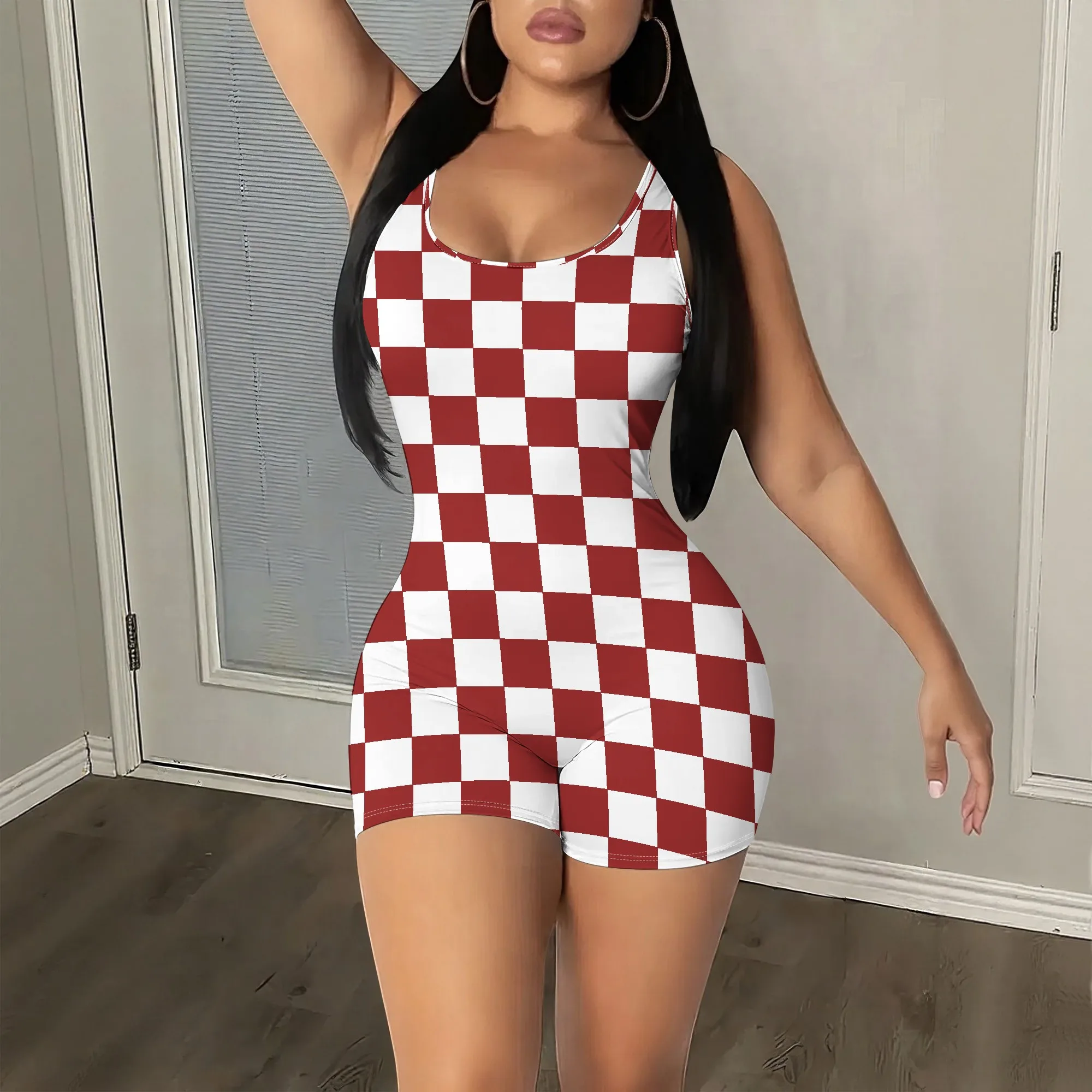

Red White Checkered Bodysuit, Plaid Romper Jumpsuit, Checker Pattern Playsuit, Sleeveless Scoop Neck Outfit for Party Club S-2XL