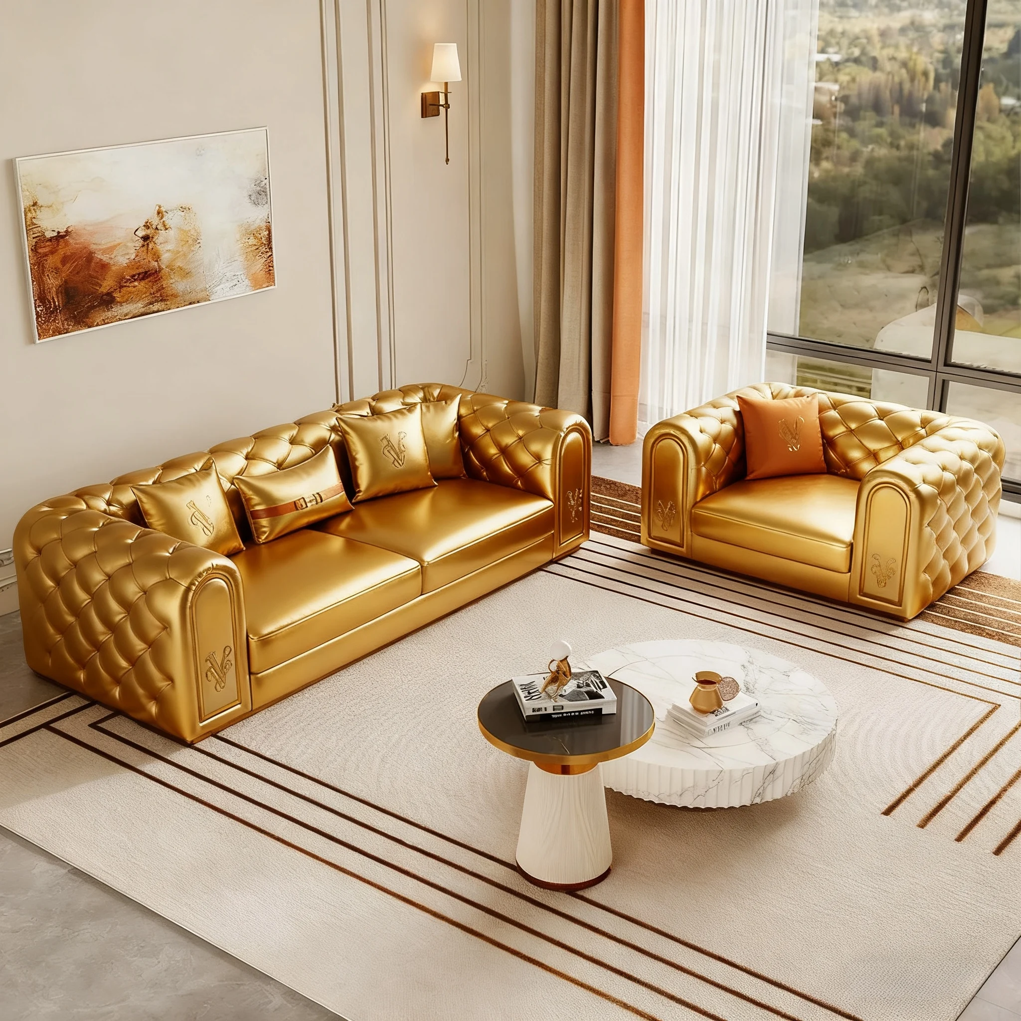 

#Modern Luxury French Cream Pull-Button Leather Sectional Sofa Set Small Apartment Living Room Fabric Furniture Light Luxury