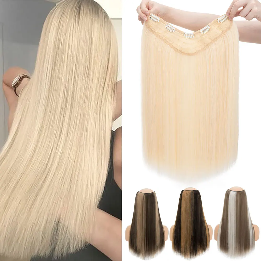 

S-noilite Synthetic Blonde Natural Straight Hairstyle 5 Clips Clip In Hair Extensions 18Inch One Piece Half Full Head Hairpiece