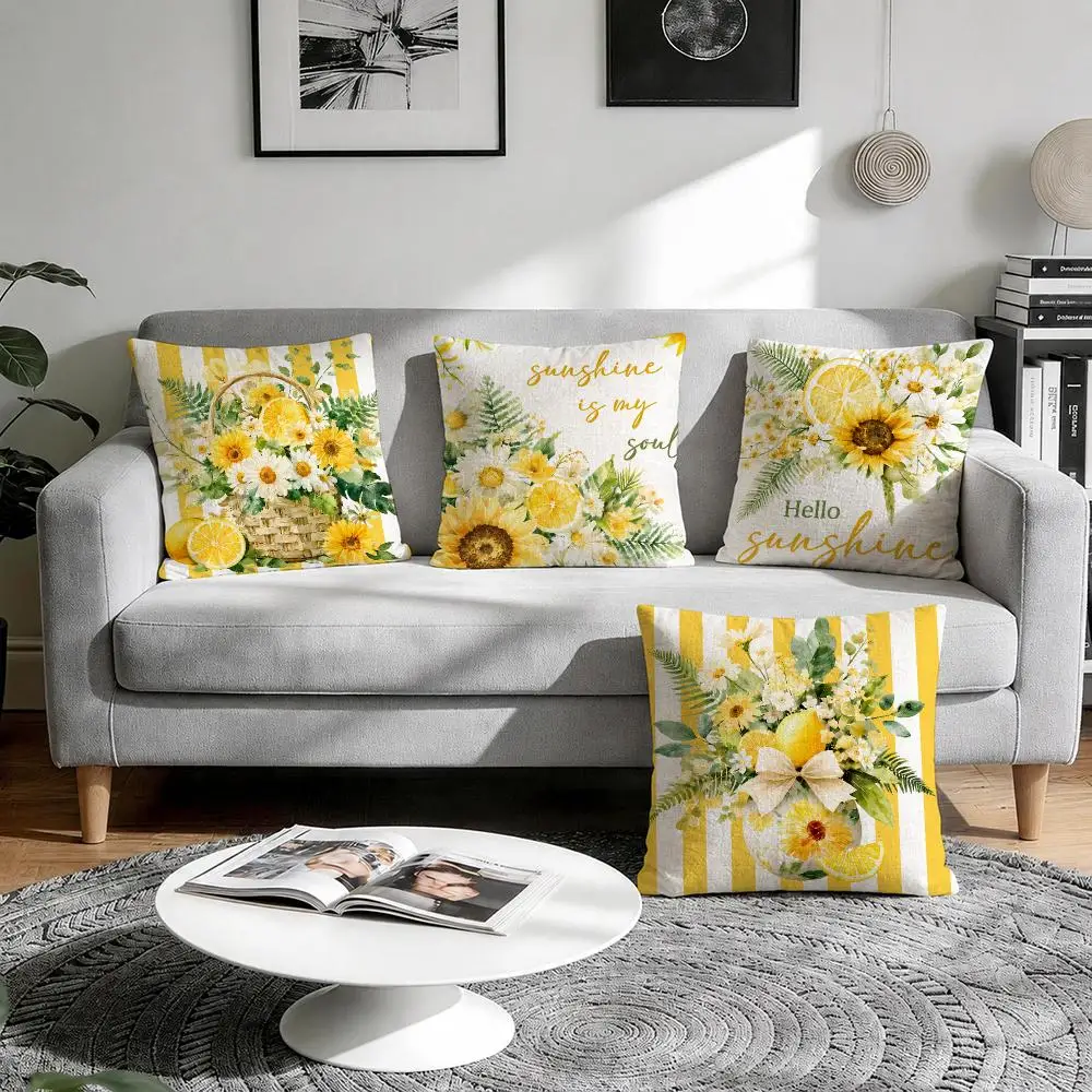 Summer Daisy Lemon Design Cushion Cover Natural Breathable Durable Linen Printed Decor Pillow Case Sofa Bedroom