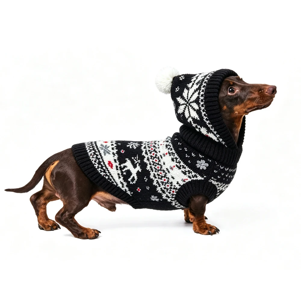 Kersttrui met capuchon voor teckels, dikke warme winterjas voor teckels, schattig elandsweatshirt, buitenkleding voor teckels.