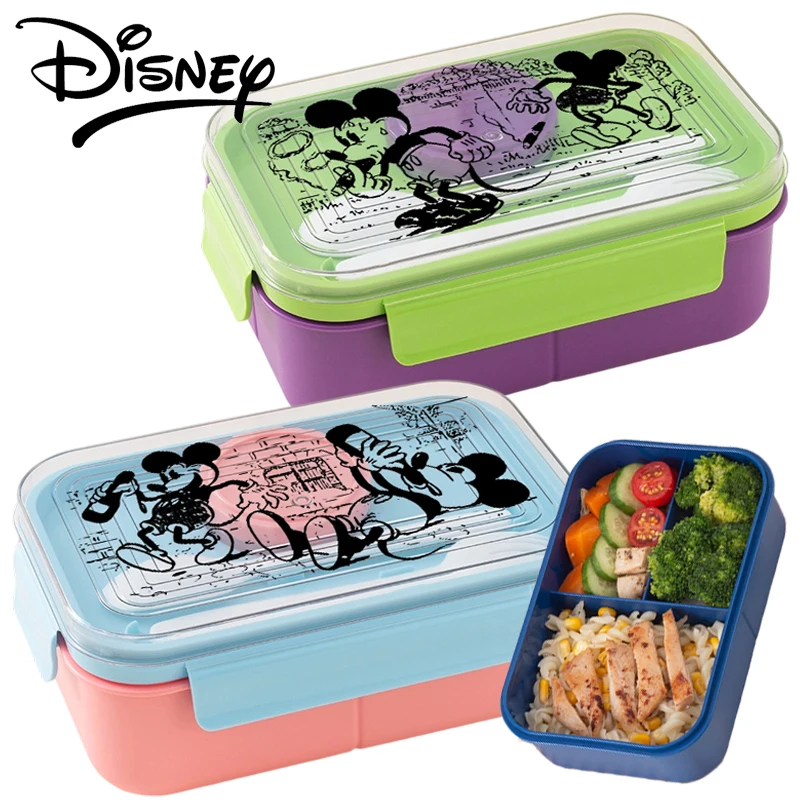 

Ланч-бокс с Микки Маусом Disney, 2-слойная коробка для бенто, студенческий портативный пластиковый контейнер для еды с ложкой, вилкой, набор посуды с героями мультфильмов