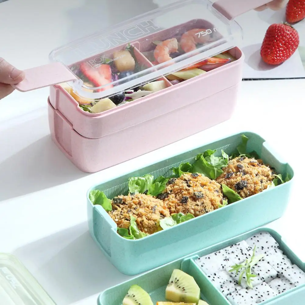 2 In 1 18.5*8.2cm Plastic Lunch Box Stackable Bento Box Double Layer Adult Compartment Bento Containers Kit Meal Prep Containers