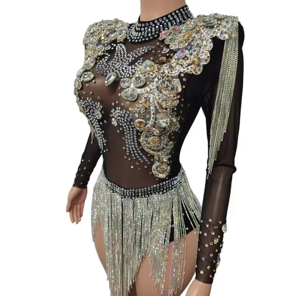 

Luxury Bodycon Sexy Rhinestone Tasse Dress Black Stage Show Jumpsuit Womens Rompers Casual Birthday Party Dresses