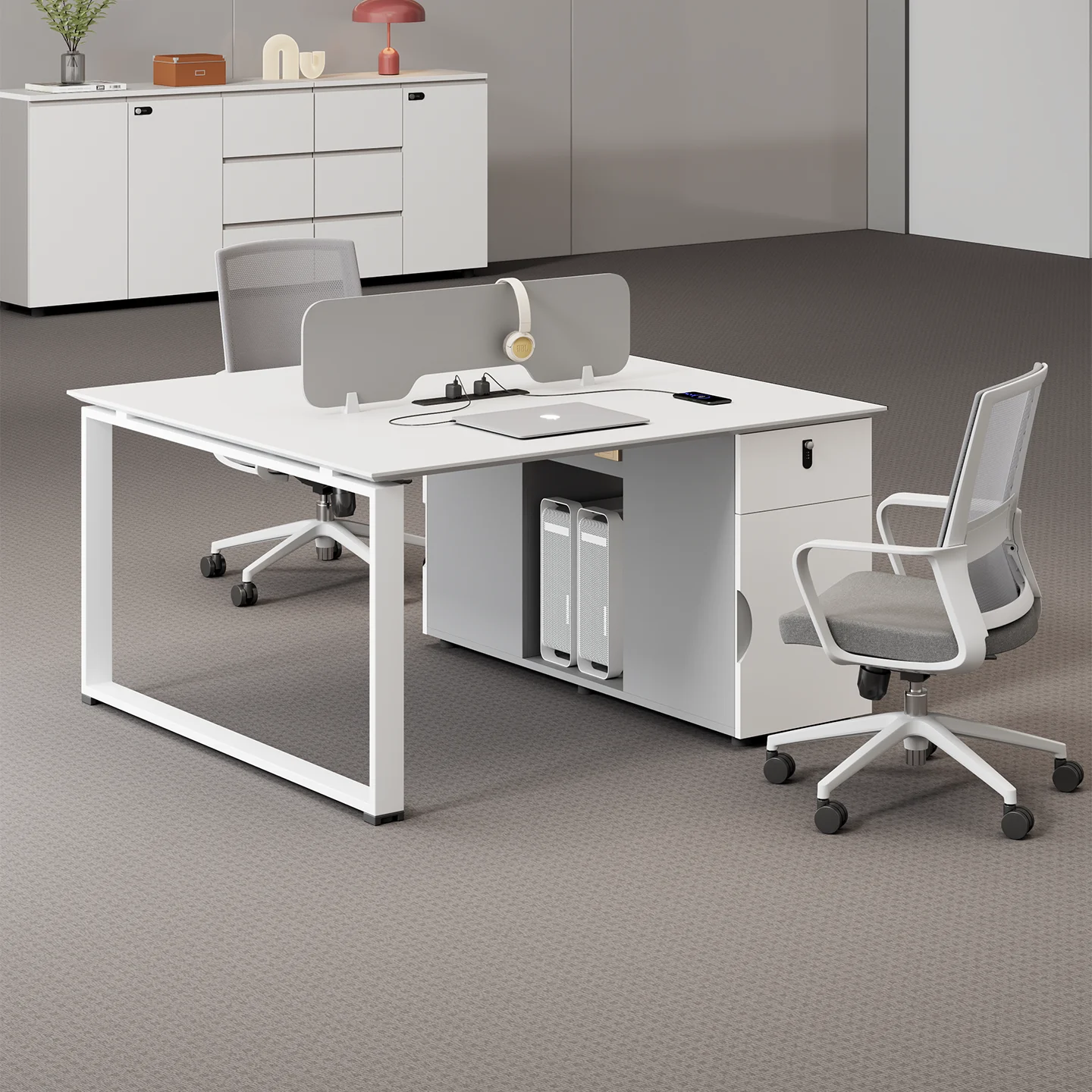 

Modern Solid Wood Modular Office Workstation Staff Desk - Double Ergonomic Office Desk Storage Drawer Cable
