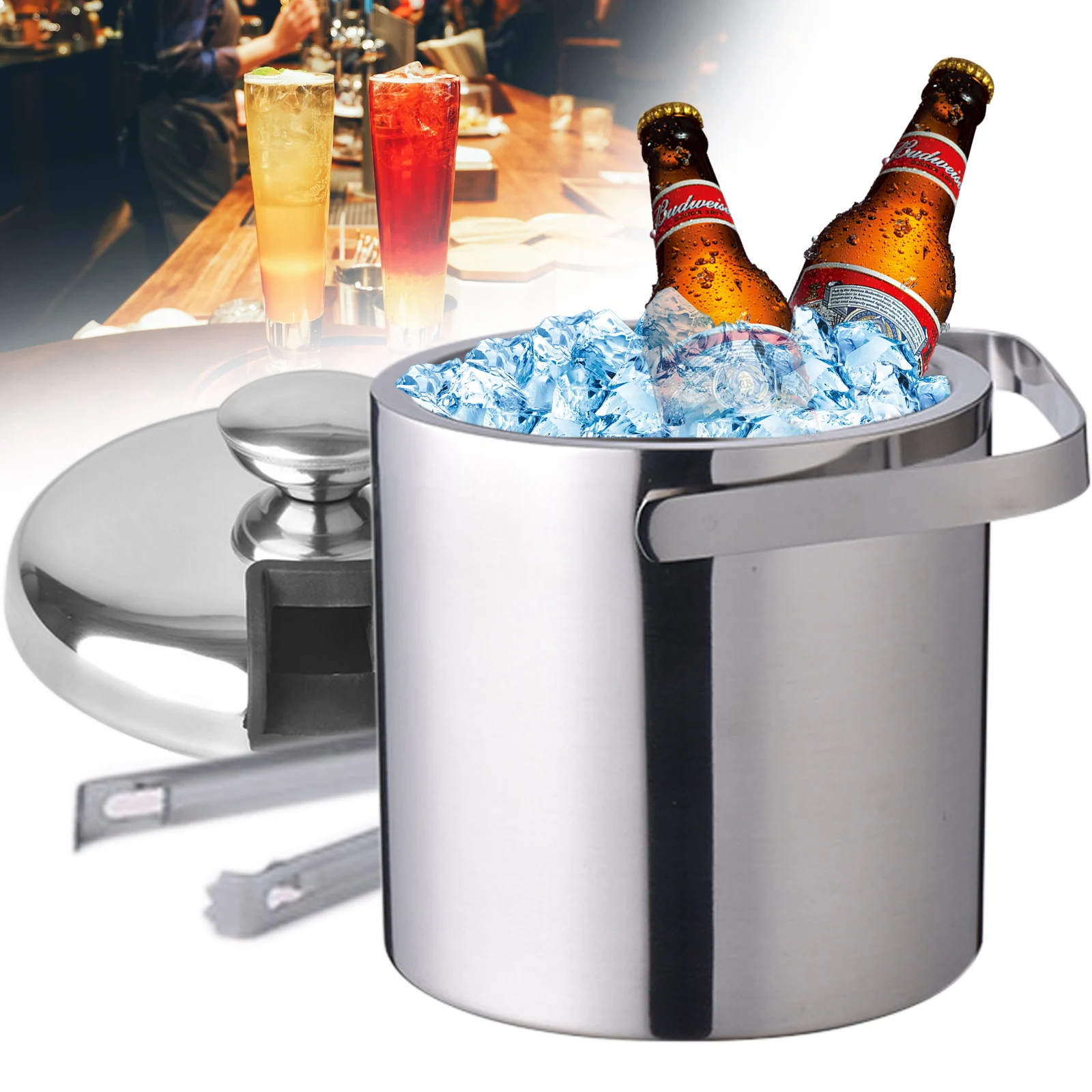 Double-Wall Insulated Ice Bucket With Lid and Ice Tong Stainless-Steel 1300ML Barware barrel Storage Container