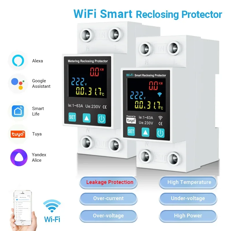 Tuya WiFi Circuit Breaker Smart Reclosuring Protector With Power Metering 1P 1-63A Timer Voltage Current and Leakage Protection