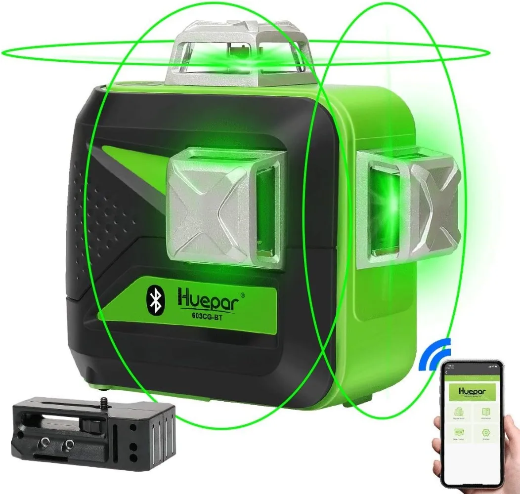 

Huepar 3 x 360 Green Beam 3D Laser Level with Bluetooth Connectivity Three-Plane Self-Leveling and Alignment Cross Line Laser