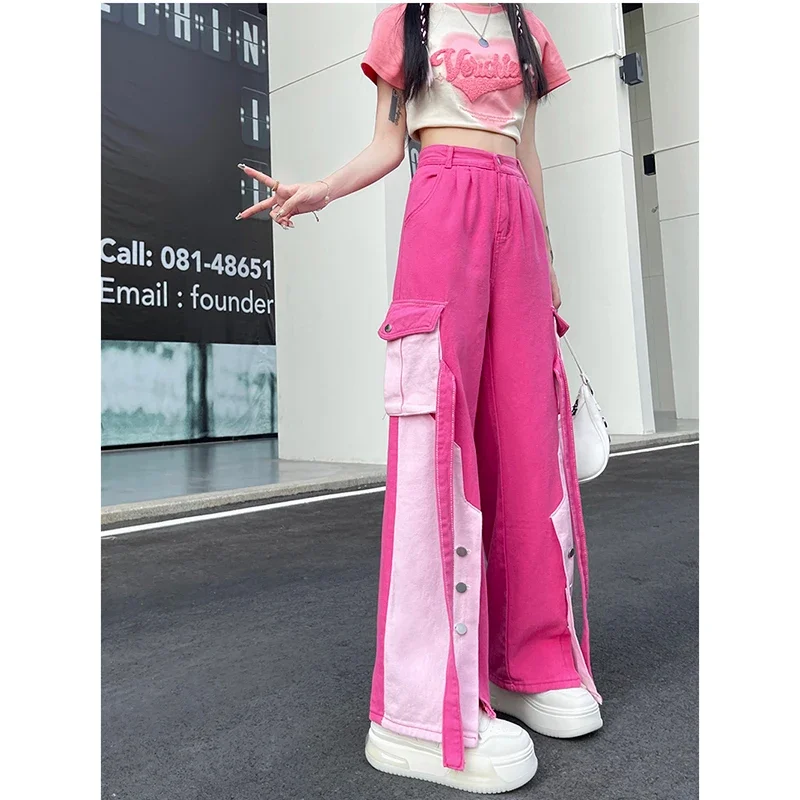 HarajukuVintage pembe fermuar yüksek bel düz kot Patchwork pantolon kadın Casual Baggy Y2K geniş bacak Grunge Denim pantolon