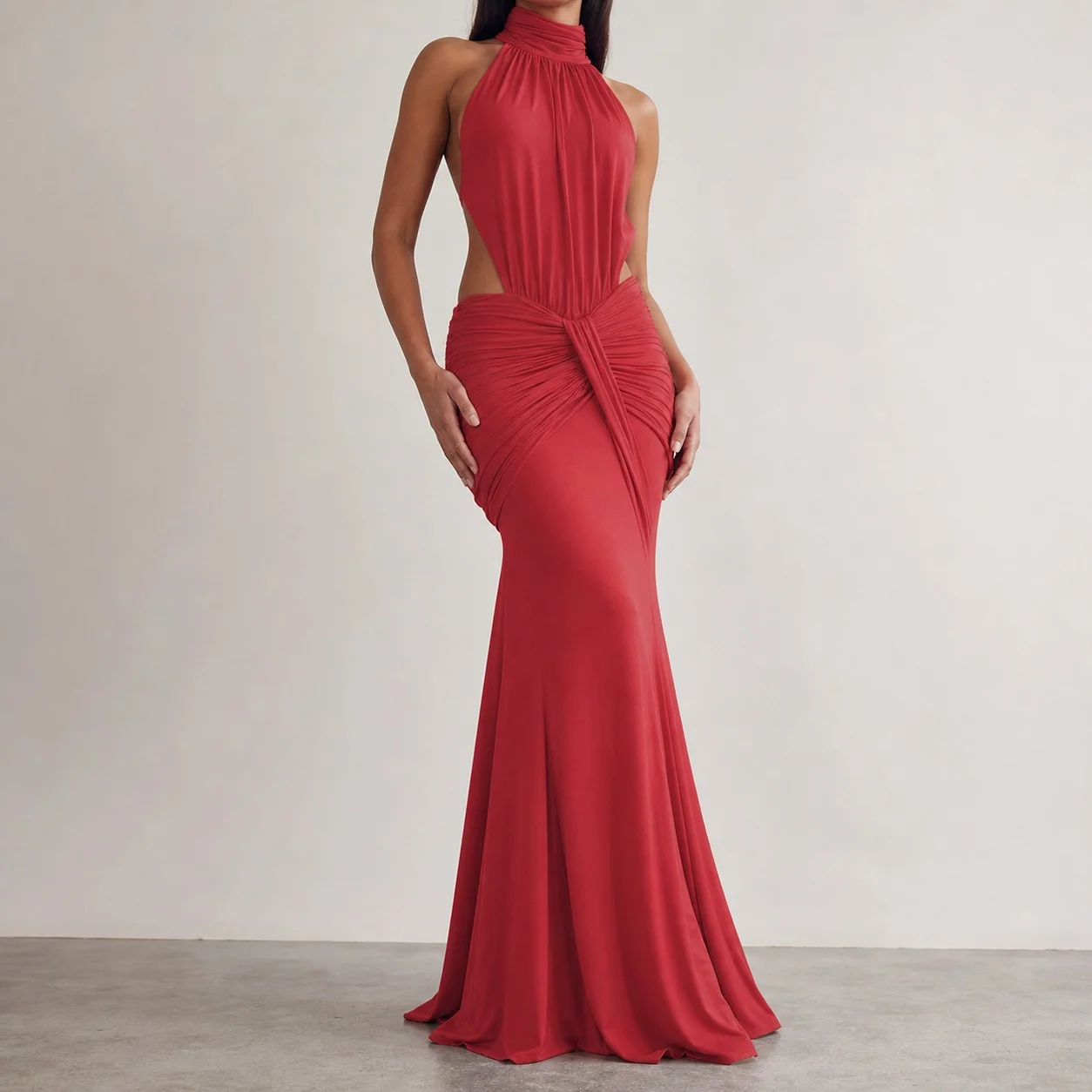 Backless Mermaid Long Sleeveless High Neck Solid Color High Waist Dress for Wedding Guest Party Prom Elegant Evening Women