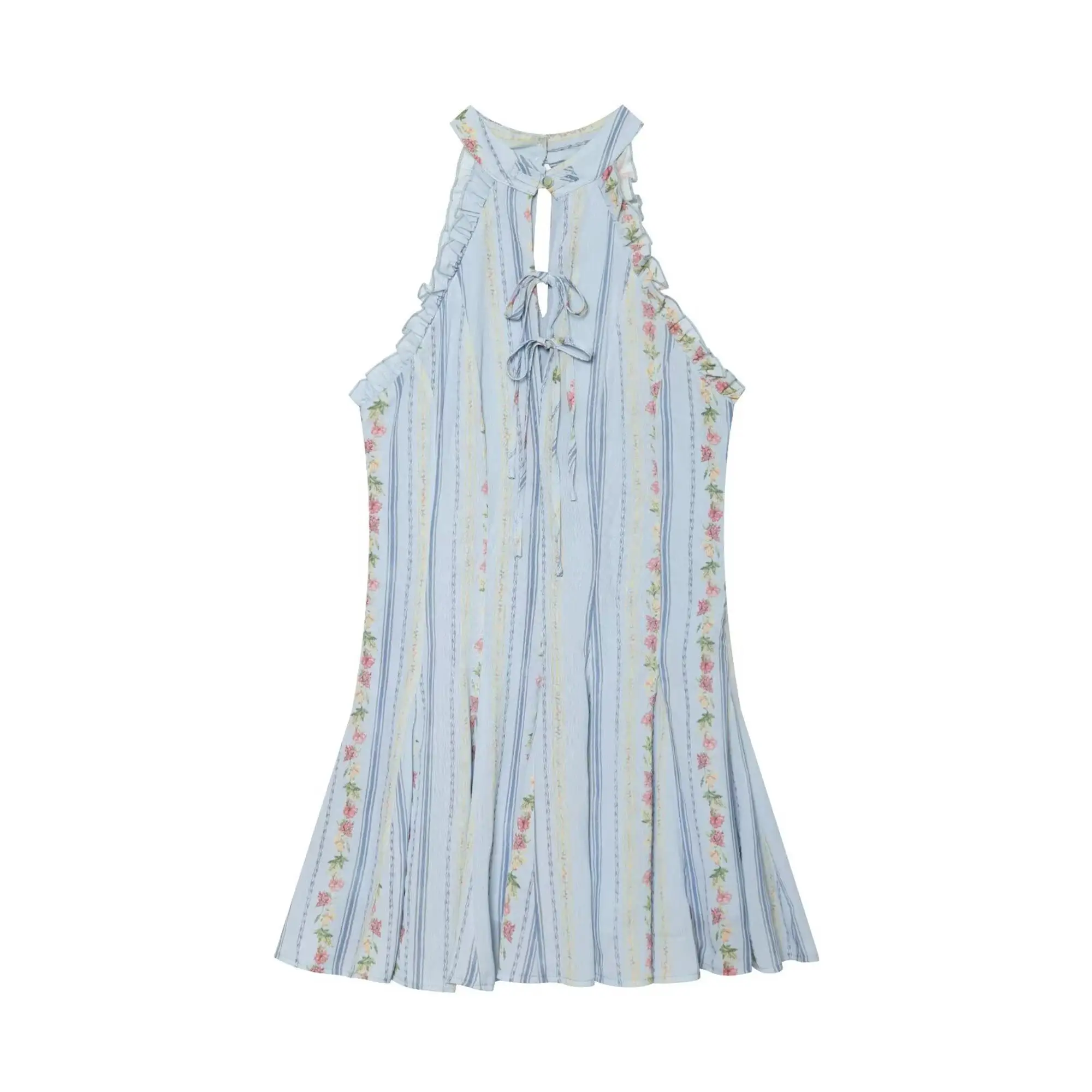 TFMLN Damen Blumenmuster Gestreiftes Neckholder-Kleid mit Rüschenbesatz, Schlüssellochausschnitt, Vordere Bindung, Ärmellos, Vintage Mini-Kleid, Strand- und Urlaubsoutfit, Sommer – Detail 2