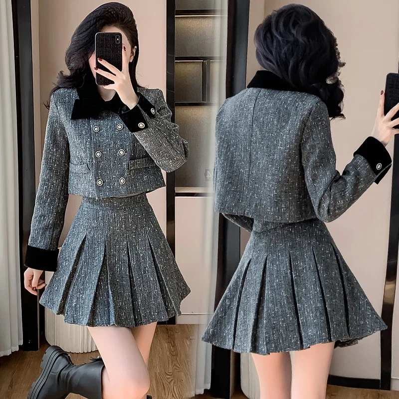 French Style Elegant Bow Women's Quilted Suit Jacket 2024 Autumn High-end Gray Tweed Short Coat Top Pelated Skirt Two-piece Set